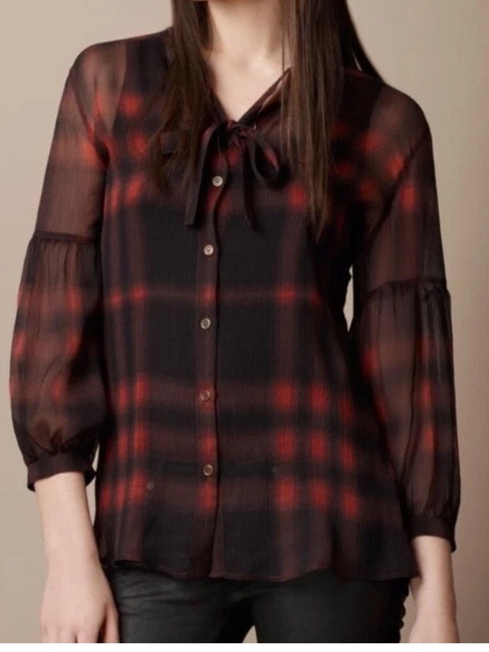 Burberry Brit Silk Rowanberry‎ Checkered Plaid Button Down Tie Blouse Office